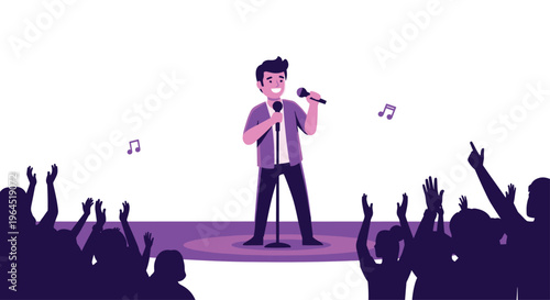 A male singer in a purple shirt performs with a microphone on a circular stage for a silhouetted, cheering audience with raised hands.