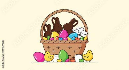 A delightful flat design illustration of a traditional American Easter basket brimming with iconic candies like chocolate bunnies, jelly beans, and marshmallow chicks. 