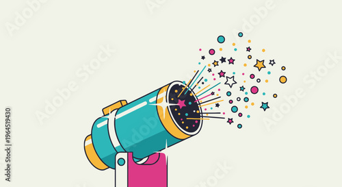 A cartoon cannon fires star shapes and confetti into the air