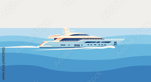 A white and light blue yacht sailing on the ocean with a cream-colored top deck