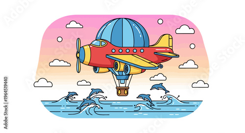 A red and yellow plane-balloon hybrid flies over the ocean with leaping dolphins