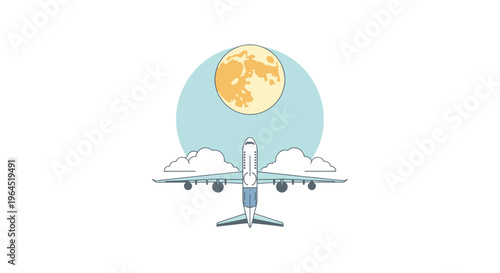 An airplane illustration with a full moon, clouds, and a sky-blue background