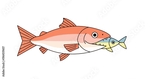 Cartoon depiction of a larger fish eating a smaller fish, simple, colorful