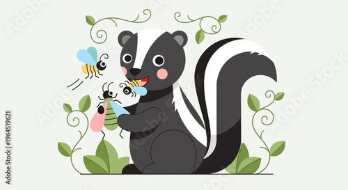 A playful skunk with a vibrant expression surrounded by bees, holding a colorful bug