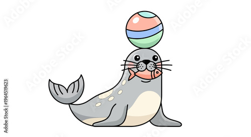 A cartoon seal balances a colorful ball on its head, with a fish in its mouth