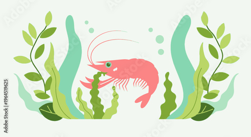 A pink shrimp with long antennae swims amidst stylized seaweed and bubbles. Simple illustration