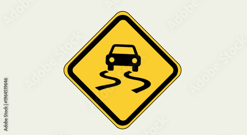 A yellow diamond road sign featuring a black car above a winding road, warning of slippery conditions