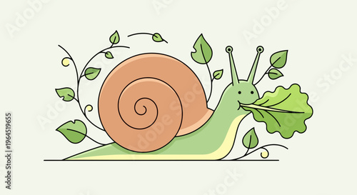 A cartoon snail with a spiral shell munches on a leaf surrounded by vines