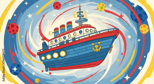 A stylized illustration depicting a ship in a swirling space scene with planets and stars