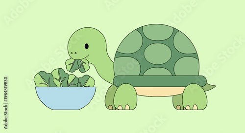 A cartoon turtle eats lettuce from a blue bowl on a pale green background