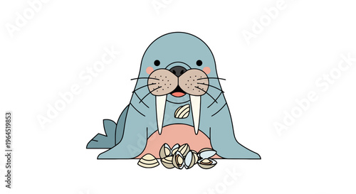 Adorable cartoon walrus with tusks and whiskers, surrounded by clams