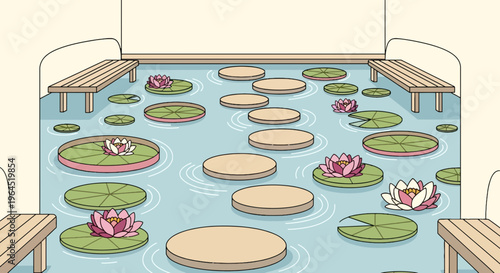 Illustration of a pond with lily pads, stepping stones, and benches. Calm and serene