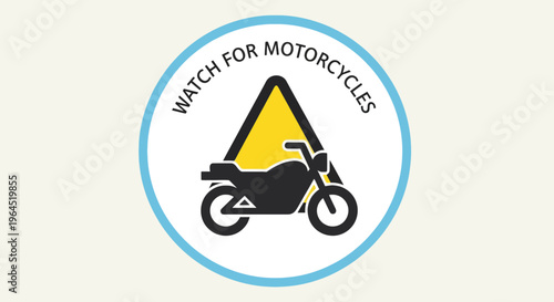 A circular road sign warning about motorcycles, with a bike graphic inside a yellow triangle