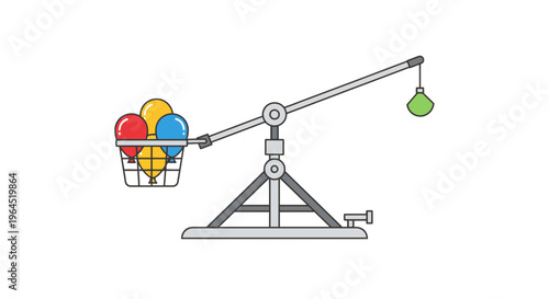 A teeter-totter with balloons in a basket, balanced by a green weight