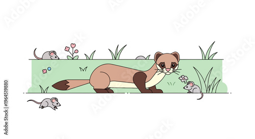 Vector illustration of a weasel and mice in a field of green grass, flowers, and plants
