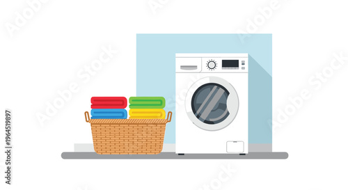 A flat design illustration shows a white washing machine next to a brown laundry basket with folded colorful clothes against a light blue wall.