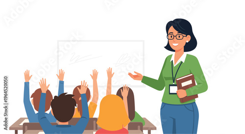 A cartoon illustration shows a smiling female teacher in glasses holding a book, facing four students with raised hands at desks in front of a whiteboard.