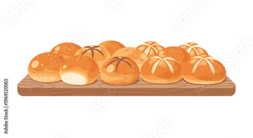 An illustration shows a wooden cutting board laden with thirteen freshly baked bread rolls of various styles, including plain, cross-cut, and seed-topped.