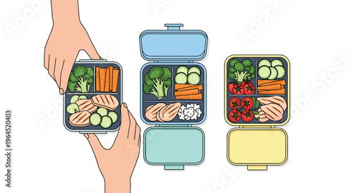 Two pairs of hands hold a small blue bento box filled with grilled chicken and vegetables, alongside two larger open lunchboxes on a white surface.