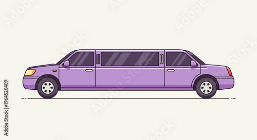 A side-view illustration of a purple limousine with tinted windows. It has a flat design