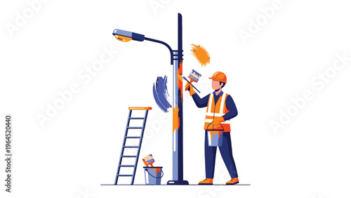 Painting the City: A worker is painting a lamp post with a ladder. He is wearing safety vest, with the bucket and brush besides.