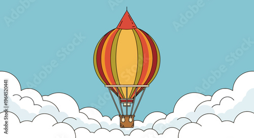A striped, colorful air balloon floats above white fluffy clouds in a light blue sky