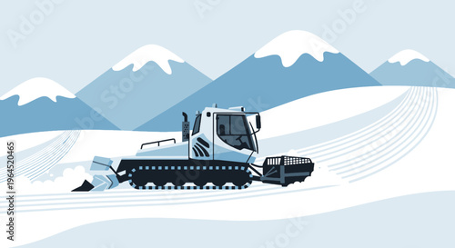 Illustration of a snow groomer on a snow-covered mountain, with peaks in the background