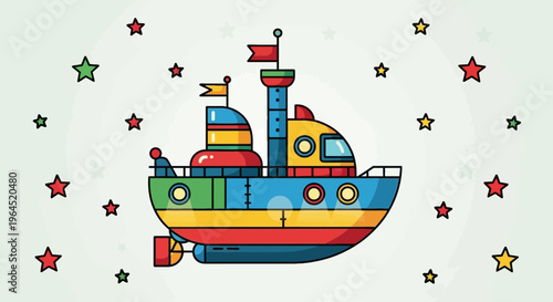 Cartoon ship with colorful design and a flag, surrounded by stars on a light green background
