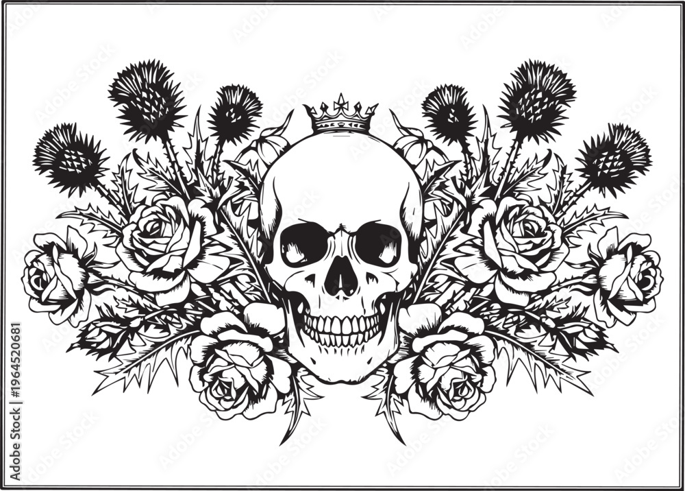 Fototapeta premium Macabre skull adorned with a regal crown, surrounded by thorny roses and thistles, in a dark, artistic, and detailed graphic illustration style.