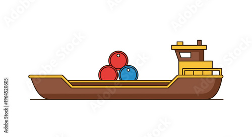 Brown cargo barge carrying large red and blue spheres in a flat design illustration with a white background ideal