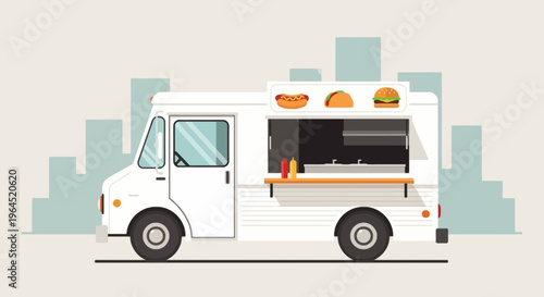 A white food truck with a serving window, offering hot dog, taco, and burger, against city backdrop