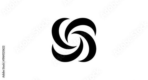 Abstract swirling vortex shape with four curved elements forming a dynamic spiral symbolizing energy motion and unity