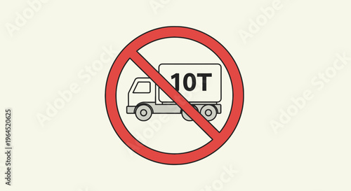 A traffic sign shows a truck icon crossed out by a red circle, the truck has "10T" on its cargo