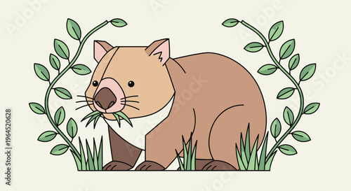 Cute cartoon wombat eating grass surrounded by green foliage, simple lines and pastel colors