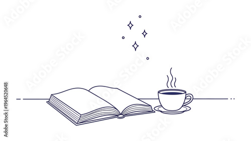Literary Respite: An open book and a steaming cup of coffee evoke the joy of reading, imagination, and quiet contemplation. This illustration captures the essence of a tranquil moment.
