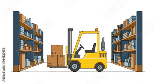 A forklift in a warehouse is centered, lifting boxes, with shelves of items on both sides