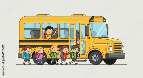 A yellow school bus with children boarding. One boy waves from a window. Others walk