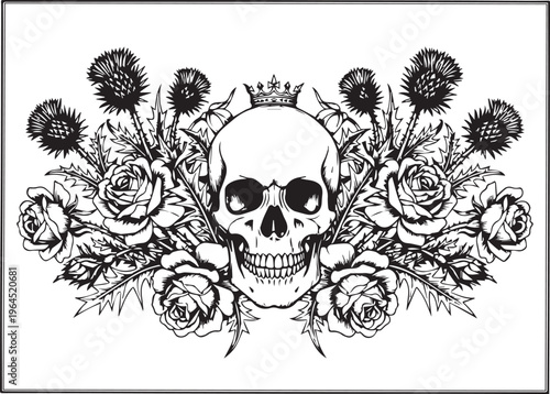 Macabre skull adorned with a regal crown, surrounded by thorny roses and thistles, in a dark, artistic, and detailed graphic illustration style.