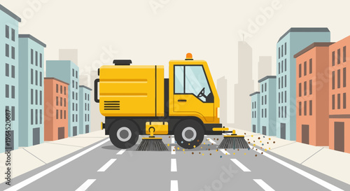 A yellow street sweeper cleans a road in a city, with colorful buildings in the background