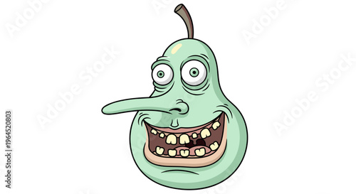 Whimsical cartoon pear character with a long nose wide grin and bulging eyes isolated on a white background conveying