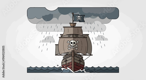 A pirate ship with a skull and crossbones sails through a stormy sea, rain clouds above