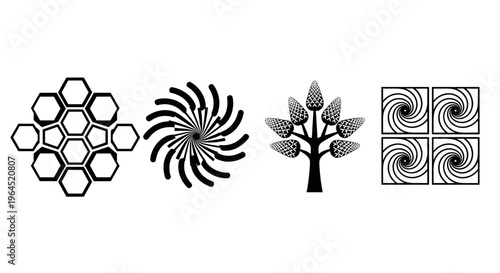 Collection of four distinct abstract graphic design elements including a honeycomb structure a swirling vortex