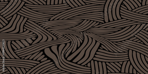 Sophisticated abstract background featuring a dense interlocking woven pattern of curved brown lines over a black field. illustration eps10
