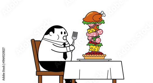 Overweight businessman sitting at a table with a huge stack of unhealthy food and a fork representing gluttony
