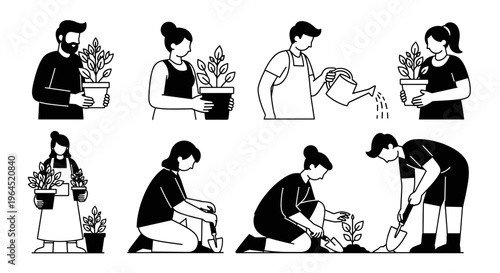 Diverse people engaged in gardening activities planting and watering symbolizing growth sustainability and community