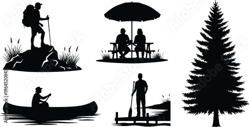 Black silhouette collection of outdoor adventure activities featuring hiking on mountain, rowing canoe, couple sitting at picnic table and standing on pier.