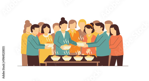 A diverse group of people stands in a line, serving and receiving steaming hot food from large bowls on a table against a white background.
