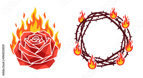Fiery red rose and thorny crown ablaze with flames symbolizing passion pain and dramatic transformation isolated