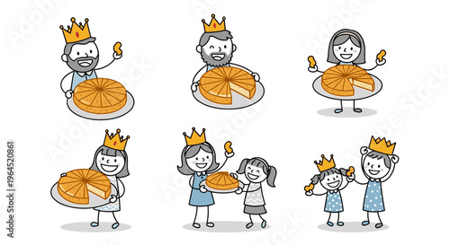 Joyful stick figure families and individuals wearing crowns happily presenting and sharing delicious round cakes