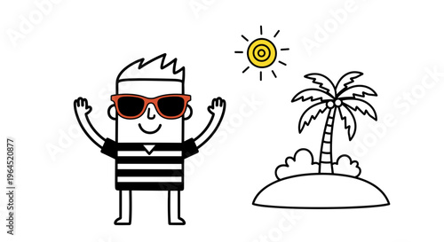 Joyful cartoon man in sunglasses and striped shirt enjoys sunny tropical island vacation with palm tree and bright sun
